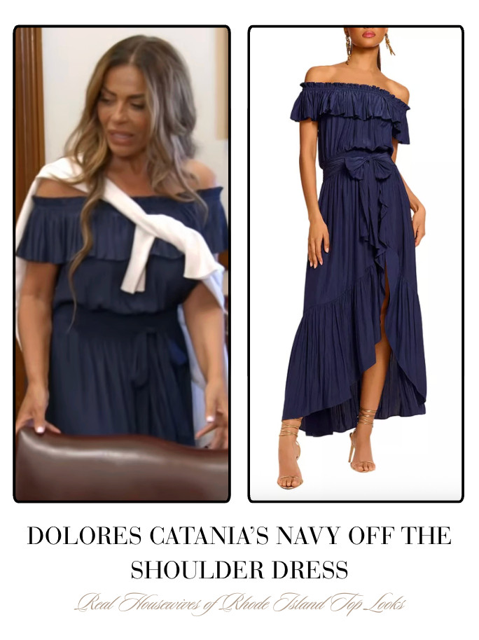 Dolores Catania's Navy Off The Shoulder Dress 

 