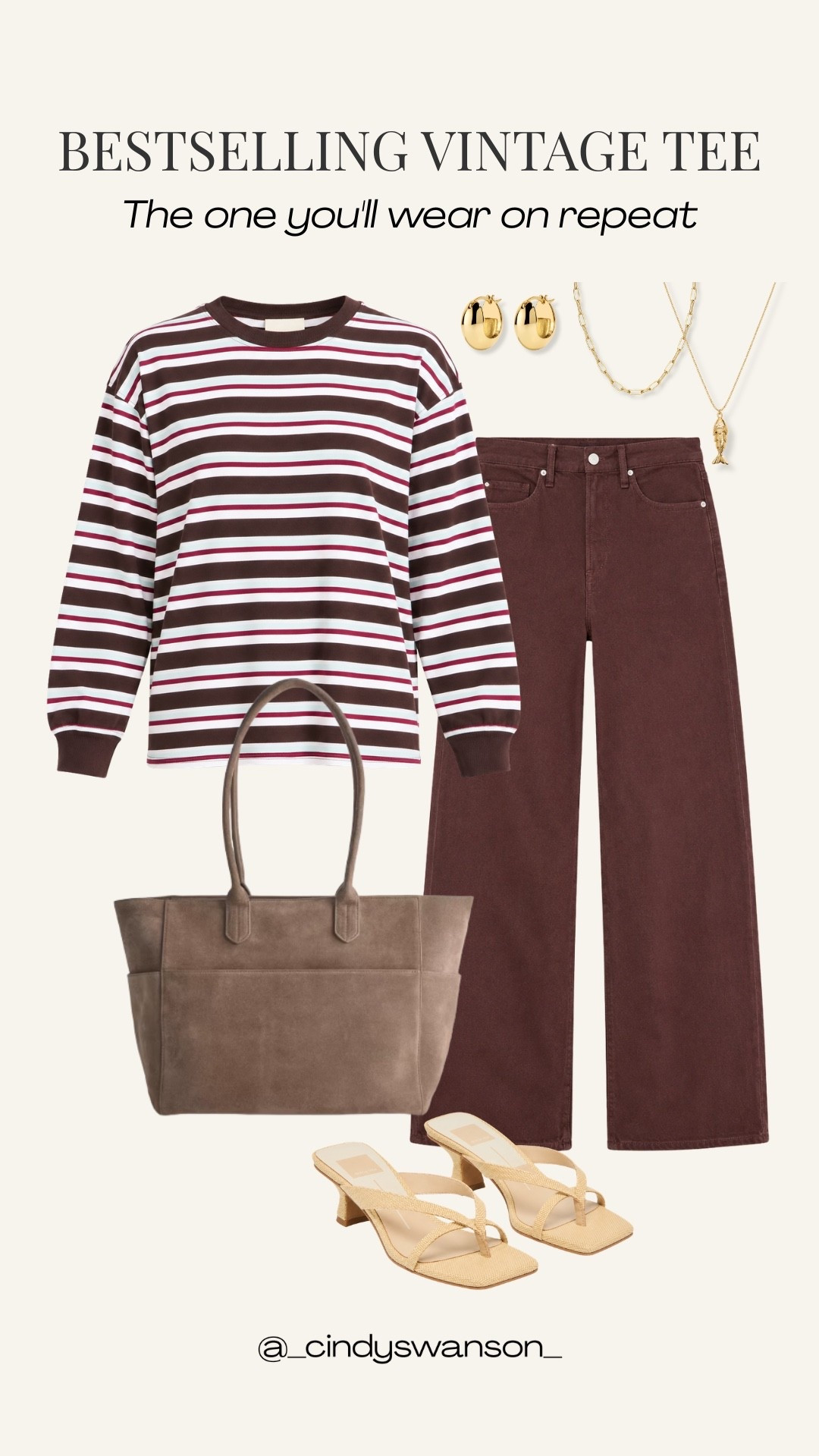 This bestselling vintage tee is the kind of everyday staple I love to have in my closet. The brown, burgundy, and cream stripes pair beautifully with chocolate brown pants, while simple neutral accessories keep the look classic and easy to wear.

#LTKootd #LTKOver40 #LTKgrwm