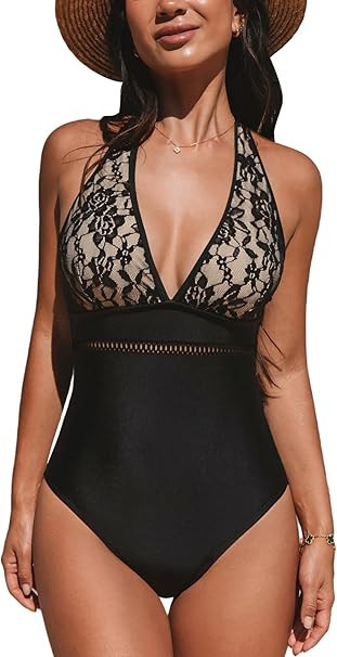 CUPSHE Women's One Piece Swimsuit Plunging Neck Bathing Suit Halter Strappy Lace Cutouts Swimwear | Amazon (US)