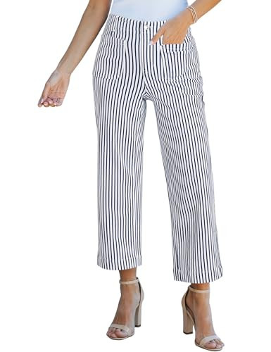 luvamia Striped Wide Leg Pants for Women Trendy High Waisted Cropped Plus Size Jeans for Women Stretchy Denim Blue and White Striped Pants with Patch Pocket X-Large US Size 16-18 | Amazon (US)