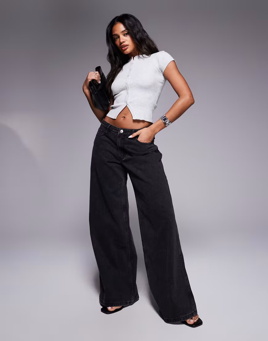 Princess Polly Ramos low rise wide leg jeans in washed black | ASOS (Global)