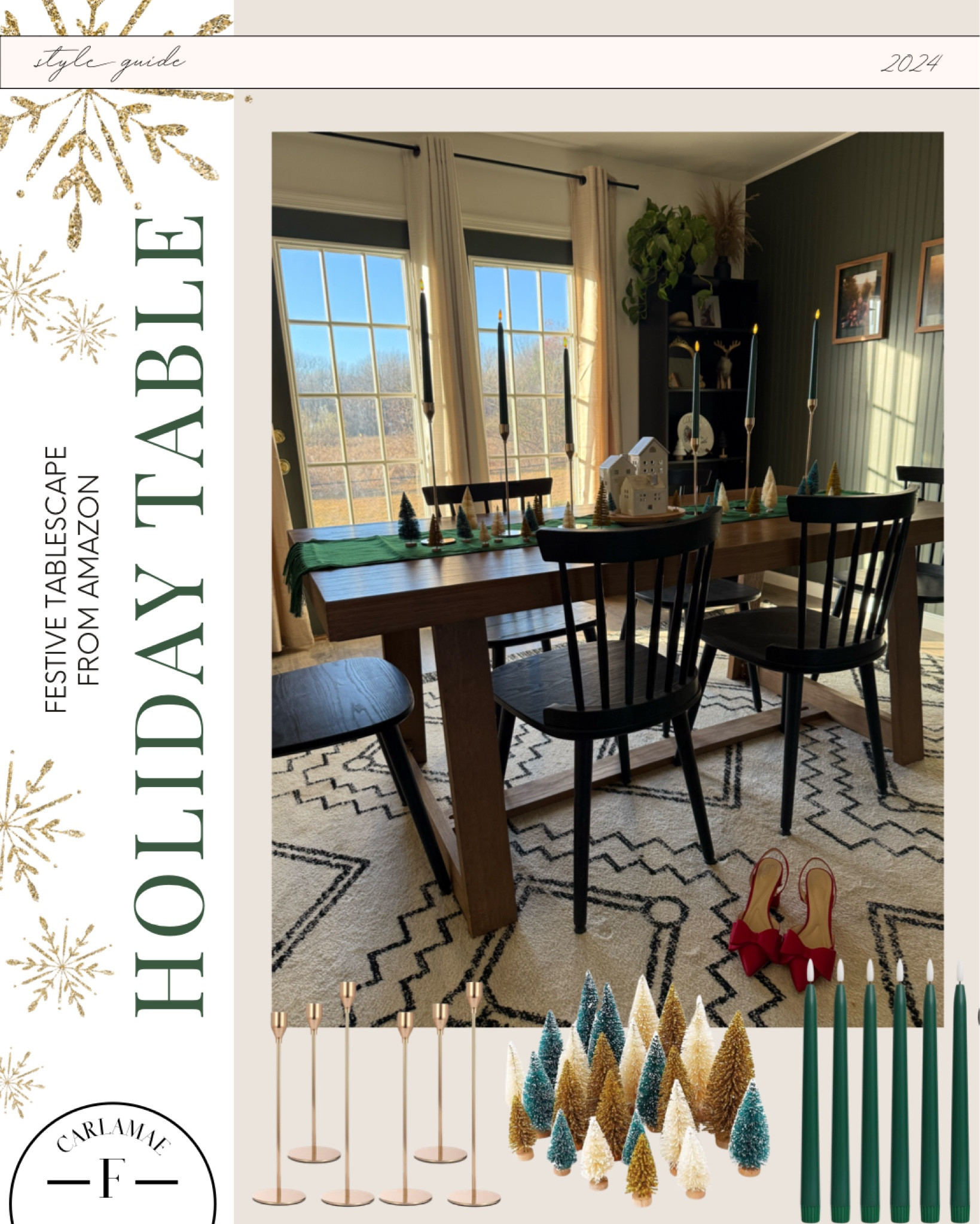 Holiday tablescape // all from amazon and super affordable! 

Holiday table setup, tablescape, holiday dining room, holiday dining set, table setup, table runner, bottle brush trees, gold candle holders, green candles, battery operated tapered candles, tapered candles

#LTKHoliday #LTKSeasonal #LTKHome