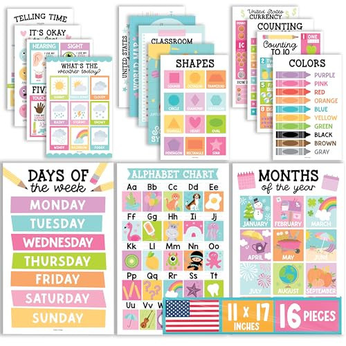 Hadley Designs 16 Educational Posters for Classroom Must Haves - Laminated Pre-K Posters for Toddler Homeschool Essentials, Toddler & Preschool Learning Activities, Kindergarten Classroom Decor | Amazon (US)