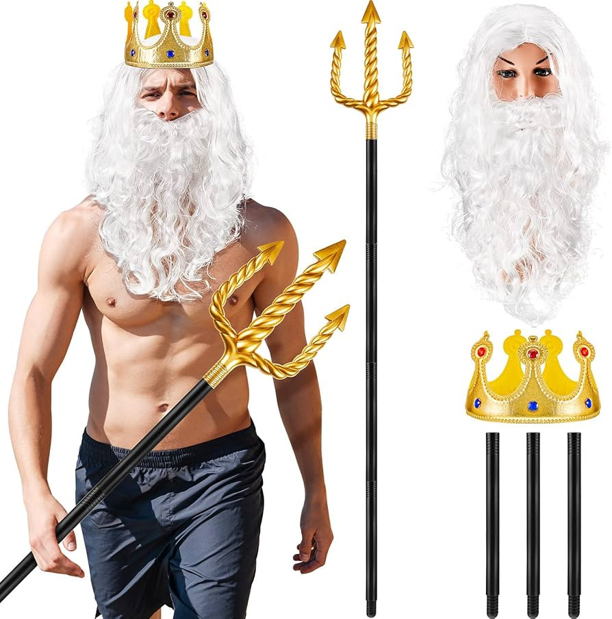 Shappy 4 Pcs King Neptune Costume Accessory White Wig and Beard Set Gold Trident Golden King Crow... | Amazon (US)