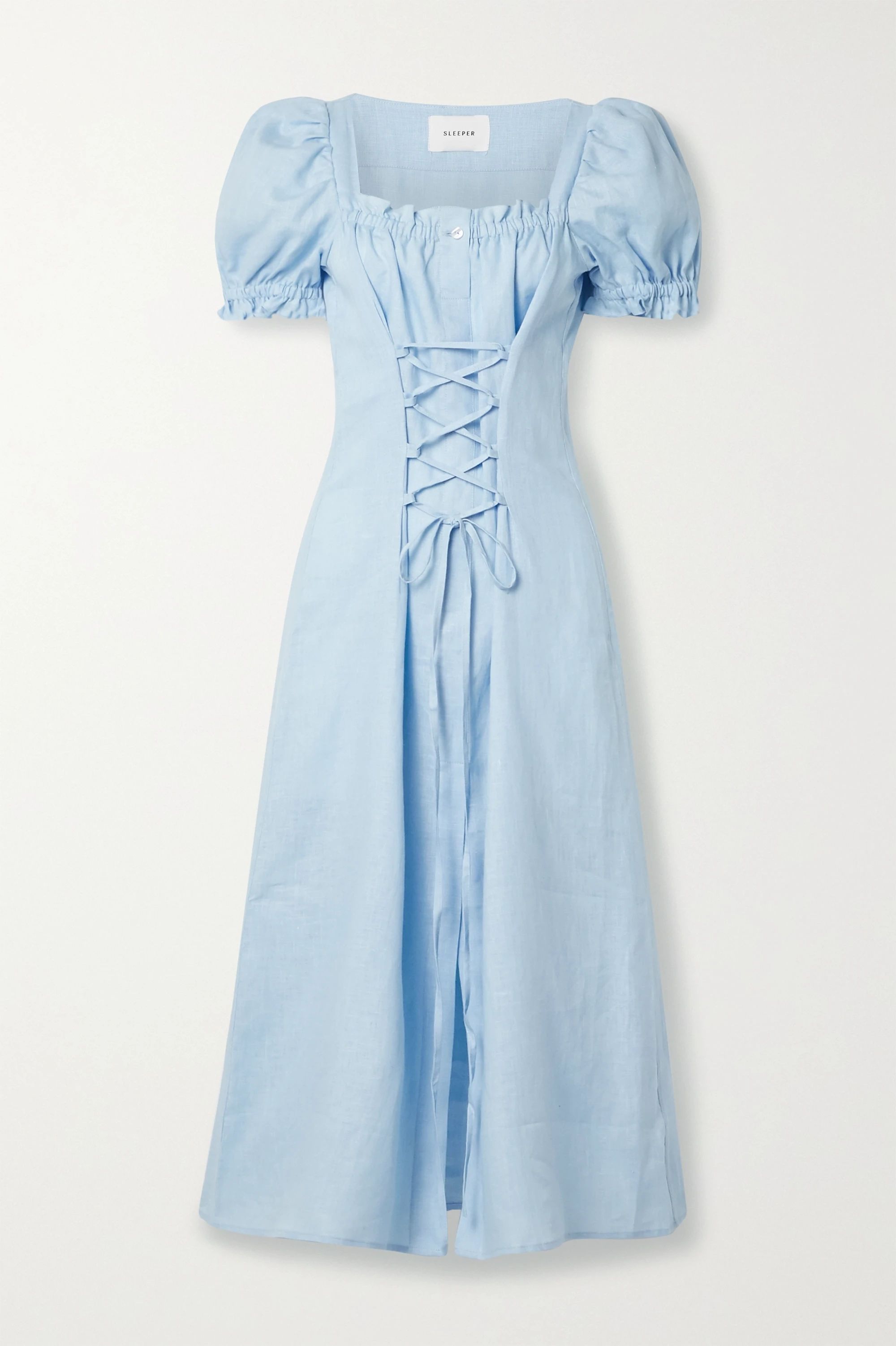 Sky blue Marquise lace-up linen midi dress | Sleeper | NET-A-PORTER | NET-A-PORTER (US)