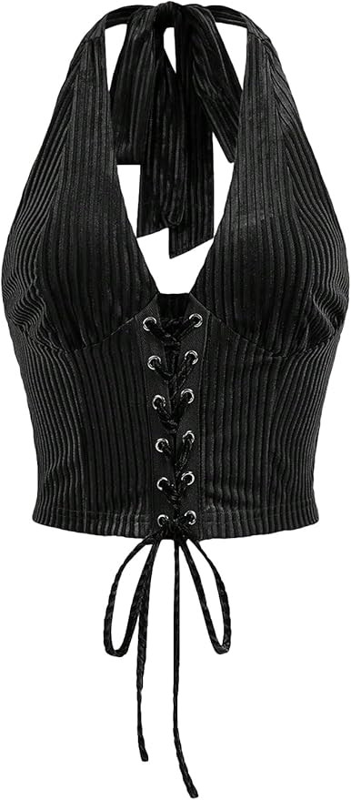 Verdusa Women's Sleeveless Halter Neck Lace Up Front Tie Back Crop Top | Amazon (US)