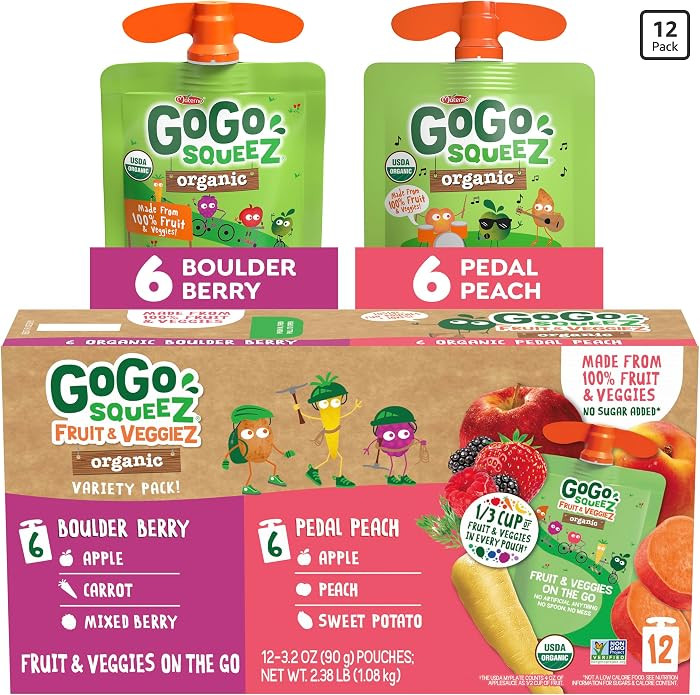 GoGo squeeZ No Sugar Added Organic Fruit & veggieZ Applesauce and Puree Variety Pack, Pedal Peach... | Amazon (US)
