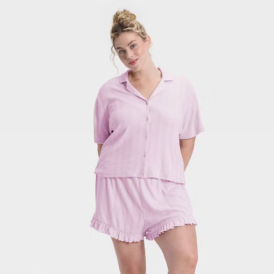 Women's Pointelle Notch Collar Shirt and Shorts Pajama Set - Wild Fable™ Purple 1X | Target