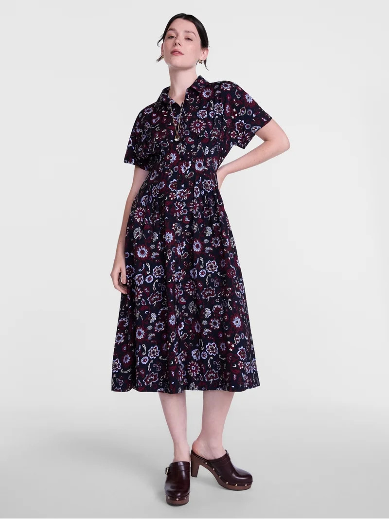 Scenario Women's and Women's Plus Pleated Waist Midi Shirtdress with Short Sleeves, Sizes XS-4X | Walmart (US)