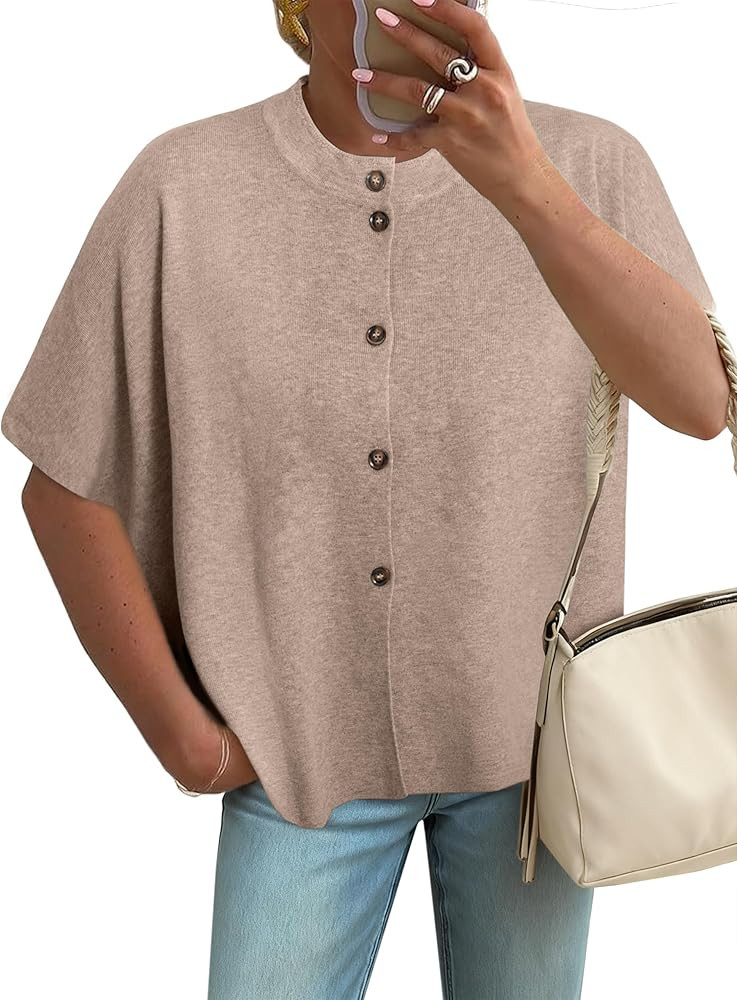Simplee Womens Oversized Batwing Short Sleeve Cardigan Crewneck Button Down Knit Sweaters Pullove... | Amazon (US)