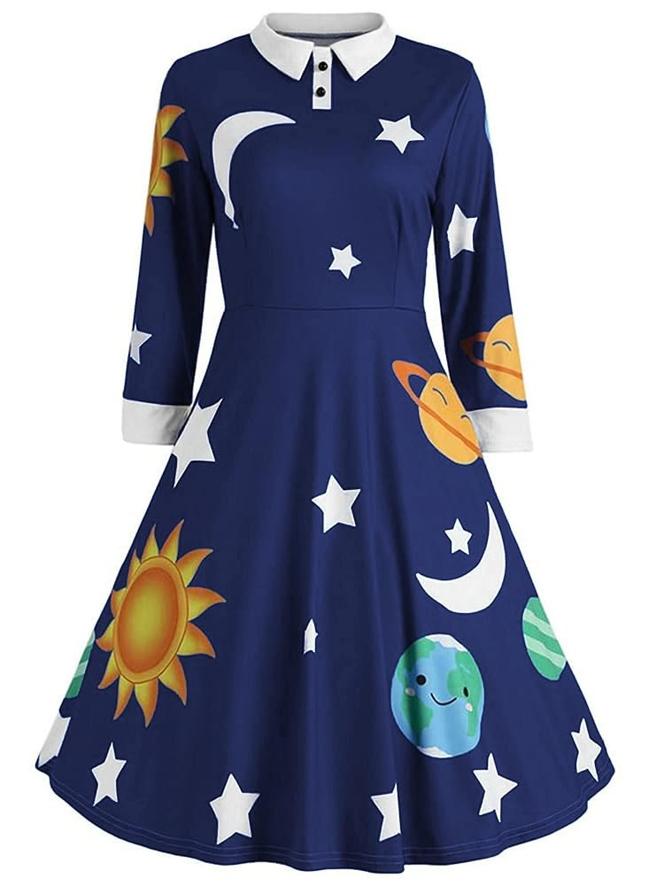 ZEZCLO Women's Long Sleeve Peter Pan Collar A-line Dress Halloween Costume Vintage Solar System F... | Amazon (US)