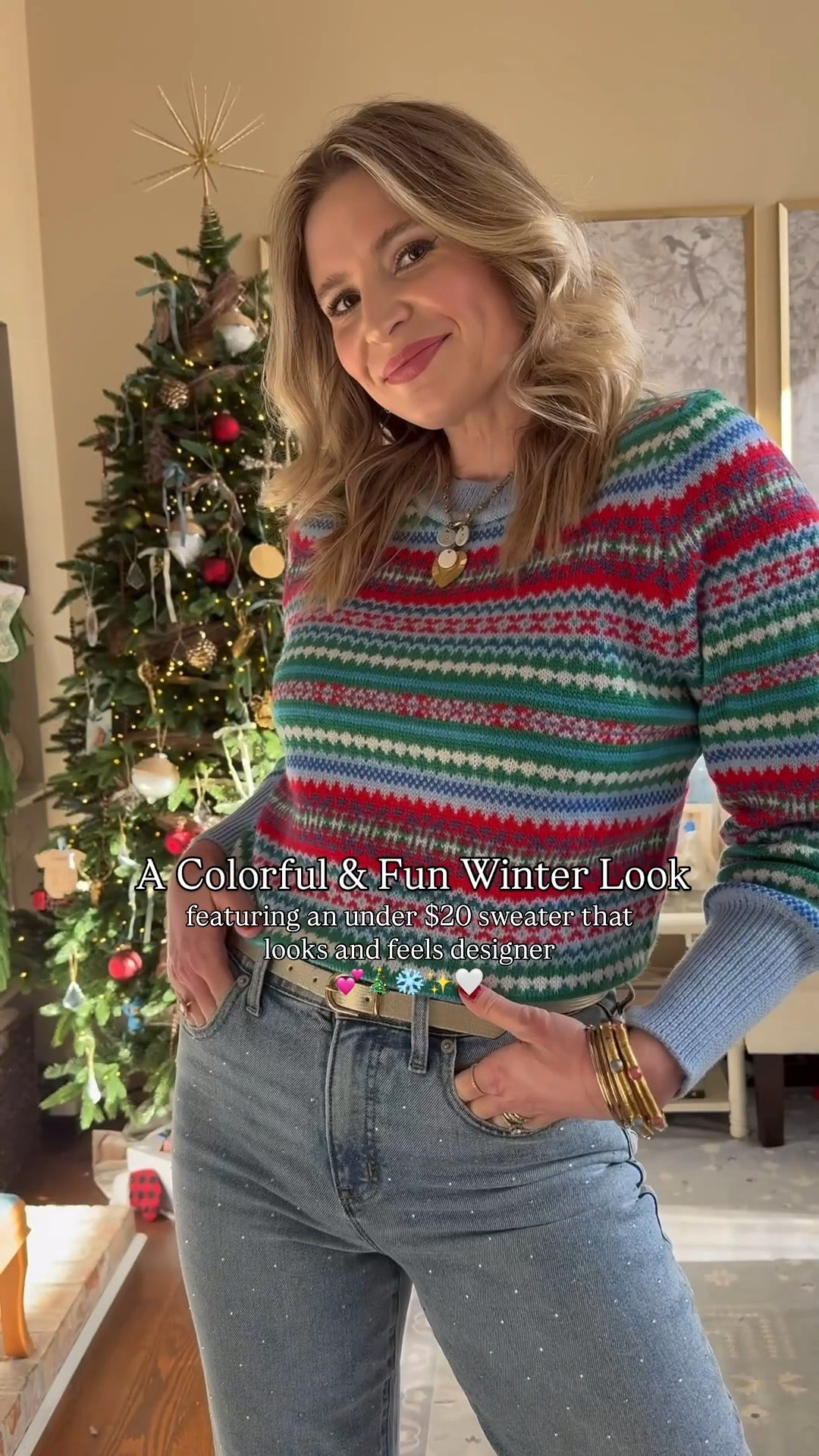 A fun and colorful winter ootd that’s perfect for the holidays and after 💕 The quality on this sweater is incredible… legit looks and feels designer in my opinion. These jeans are also so fun with the subtle rhinestones on the front ✨ Silver studded flats are a winner as well and go with all the things. I love mixing metallic accessories!

I sized up in the sweater and jeans.

Mom style, winter outfit, holiday look, holiday outfit, colorful sweater, embellished jeans, rhinestone jeans, silver flats, Steve Madden flats, Walmart sweater, jcrew factory 

#LTKFindsUnder50 #LTKgrwm #LTKmomlife