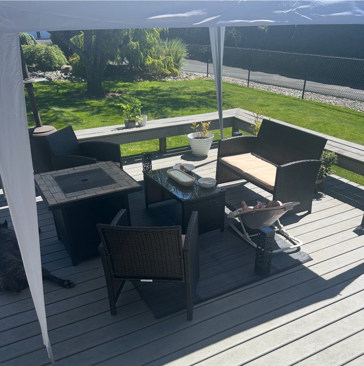 Our Amazon deck furniture we got for such a great deal, including the canopy and outdoor rug. Perfect for just lounging with the family or hosting a gathering.

Summer furniture, outdoor home decor, summer style 

#LTKParties #LTKHome #LTKFamily
