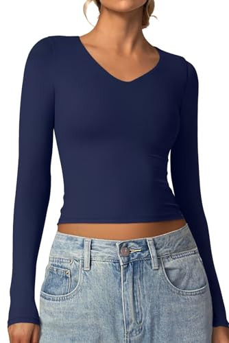 Vertvie Women's Double Lined Long Sleeve Shirts Sexy V Neck Tops Fitted Basic Tee Tight Trendy T ... | Amazon (US)