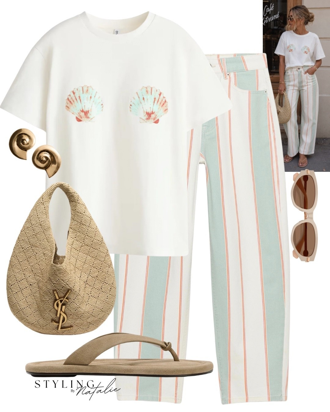 Summer denim look 🐚🧚🏼
Stripe denim jeans, sea shell appliqué t-shirt, raffia YSL tote bag, suede thong sandals.
Summer outfit, Zara, casual summer ootd

#LTKsummer #LTKuk #LTKeurope