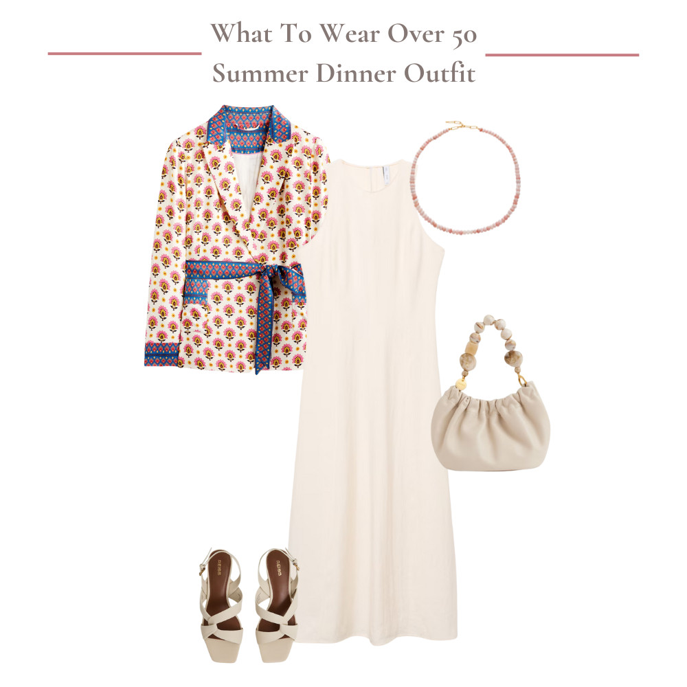 Summer dinner outfit formula - simple cream shift dress, statement satin jacket, cream bag and sandals and bead necklace 

 #LTKuk #LTKsummer #LTKover50style