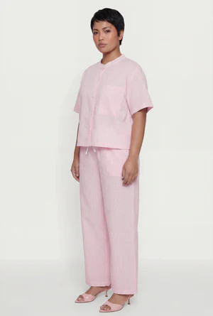 Plus Size Striped Poplin Button Front Short Sleeve Shirt | Rainbow Shops