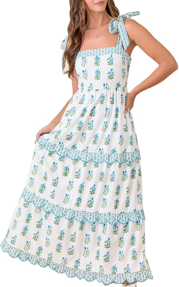 Women Summer Vocation Boho Floral Long Dress Sleeveless Flowy Tiered A Line Maxi Sundress Going O... | Amazon (US)