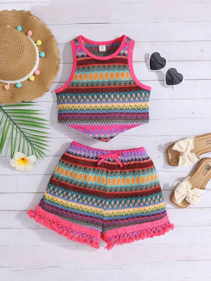 Tween Girl Vacation Round Neck Sleeveless Vest And Shorts Set With Irregular Hemline | SHEIN