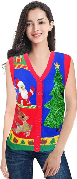 v28 Ugly Christmas Sweater for Women Reindeer Funny Merry Knit Sweaters Vest | Amazon (US)