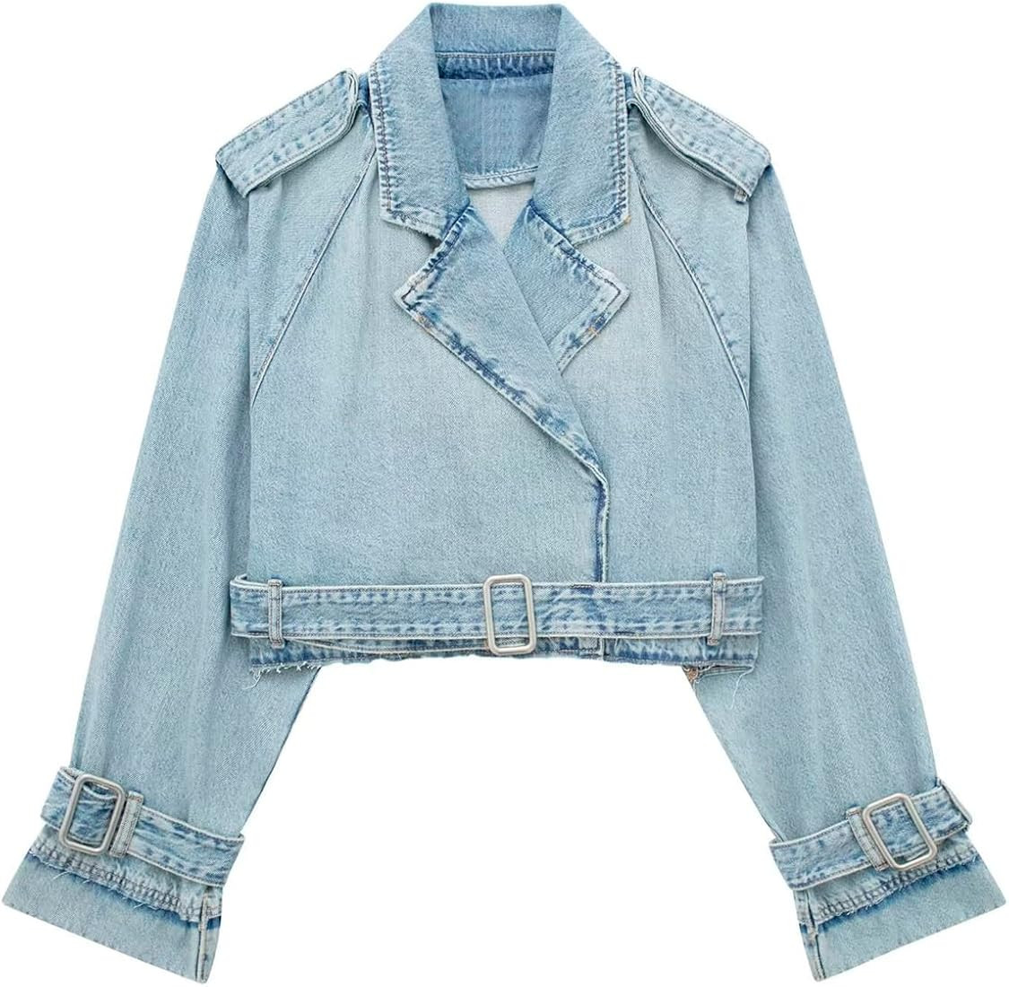 PAODIKUAI Women's Cropped Denim Jacket Casual Loose Long Sleeve Jean Jacket Denim Trench Coat wit... | Amazon (US)