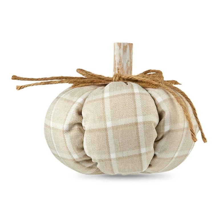 Harvest Tan Plaid Fabric Pumpkin Decoration, 6 in, by Way To Celebrate | Walmart (US)