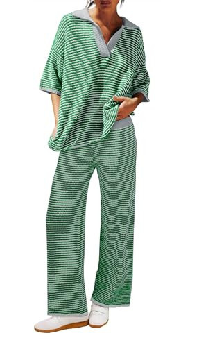 Tankaneo Womens Sweater Set Striped 2 Piece Outfits Oversized 3/4 Sleeve V Neck Knit Tops Wide Leg Pants Fall Lounge Sets | Amazon (US)