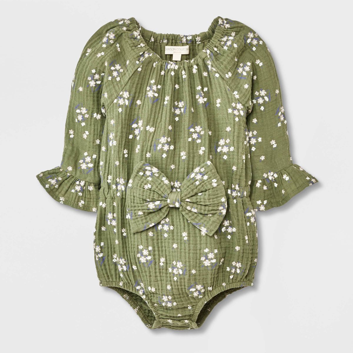 Grayson Collective Baby Girls' Bow Gauze Bubble Romper - Olive Green | Target