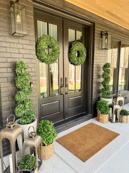 Spring front porch refresh! With Nearly Natural boxwoods. Front porch, decor, planters, lanterns, rugs, wreaths 

#LTKhome