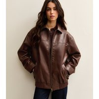 Women's Dark Brown Faux Leather Oversized Bomber Jacket New Look | New Look (UK)
