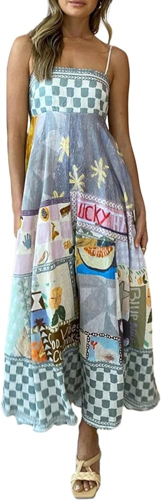 Women Cami Maxi Dress Cute Print Loose Sleeveless Spaghetti Strap Boho Long Dress Flowy Graffiti ... | Amazon (US)