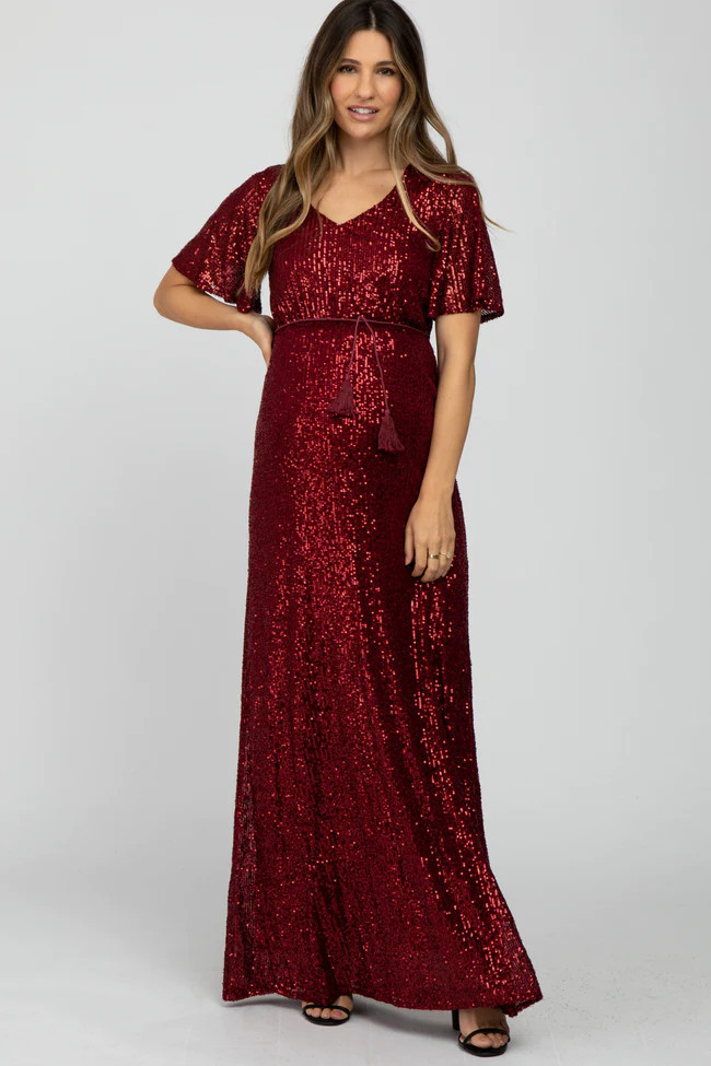 Burgundy Sequin Short Sleeve Maternity Maxi Dress | PinkBlush Maternity