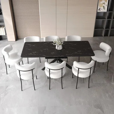 62.4" Extendable Dining Table Set for 8, with Black MDF Top, X-Shaped Metal Legs, and 8 Curved Back Upholstered Chairs | Wayfair North America