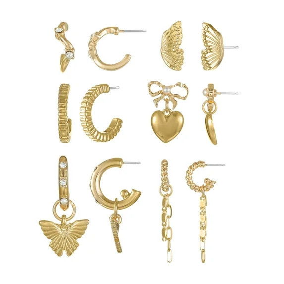 No Boundaries Gold-Tone Multi Earring Set with Studs and Mini Hoops, 6-Pack, Women's | Walmart (US)