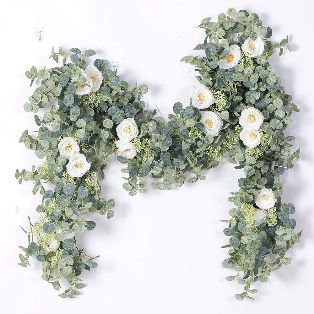 PARTY JOY 6.56ft Eucalyptus Garland with Flowers-8 White Roses, Artificial Fake Flowers Greenery ... | Amazon (US)