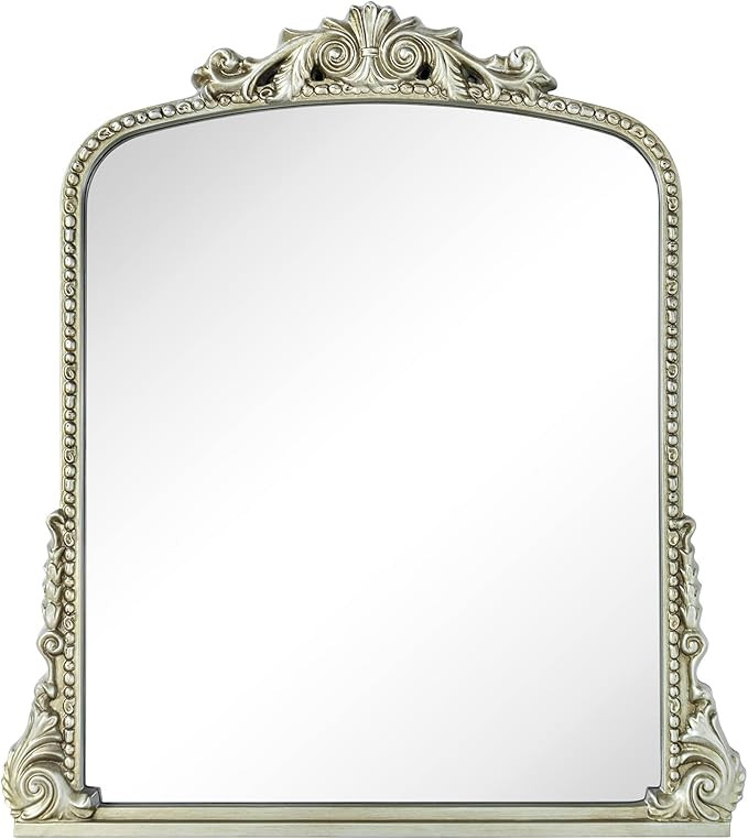 VANA NALA Traditional Silver Ornate Frame Arch Wall Mirror Baroque Inspired Bathroom Vanity Recta... | Amazon (US)