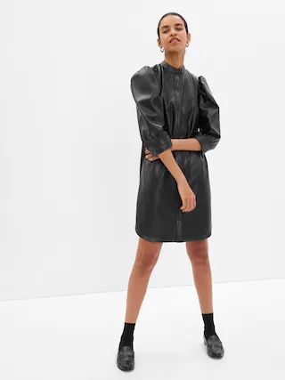 Puff Sleeve Faux-Leather Mini Shirtdress | Gap (US)