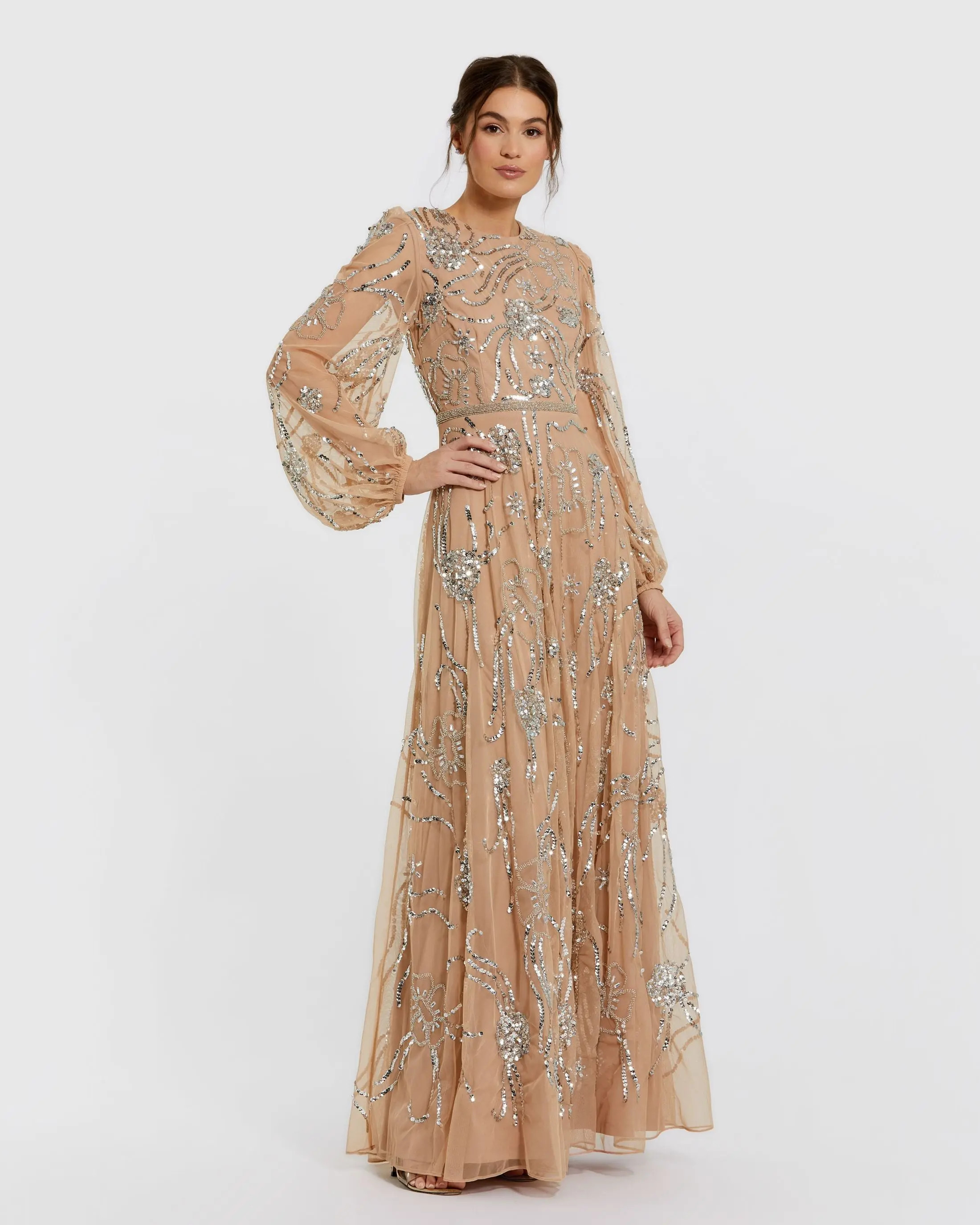 Beige Embellished High Neck Puff Sleeve Gown | Mac Duggal | Mac Duggal