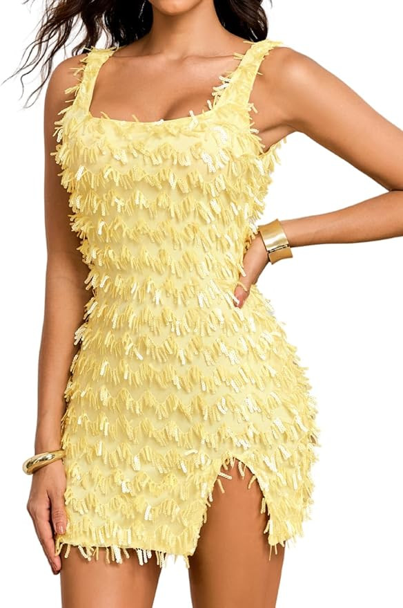 Kaei&Shi Womens Sequin Fringe Mesh Mini Dress, Square Neck Bodycon Tassel Cocktail Club Outfit wi... | Amazon (US)