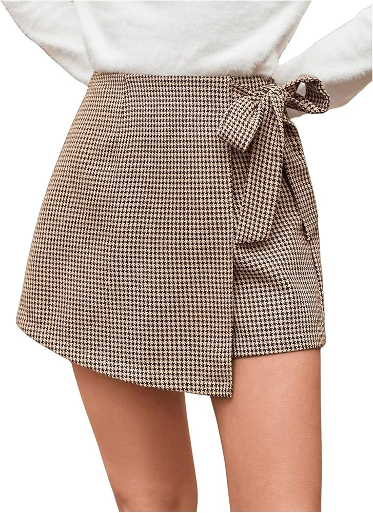 Floerns Women's Houndstooth Print Tie Front Skorts Asymmetrical Hem High Waist Skirt Shorts | Amazon (US)
