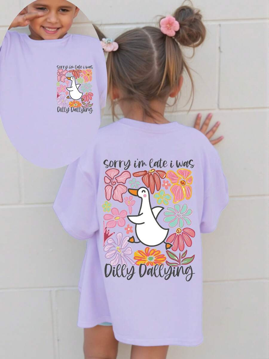 SHEIN Young Girls Casual Comfort Fashion Cute Fun Goose & Floral Print Letter Graphic Round Neck ... | SHEIN