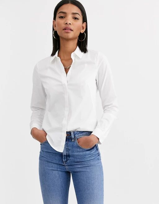 ASOS DESIGN long sleeve fitted shirt in stretch cotton in white | ASOS (Global)