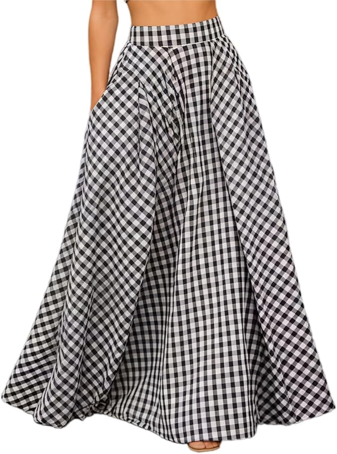 Women's Plaid Maxi Skirt with Pockets - High Waisted Pleated A-Line Gingham Long Skirt for Women ... | Amazon (US)