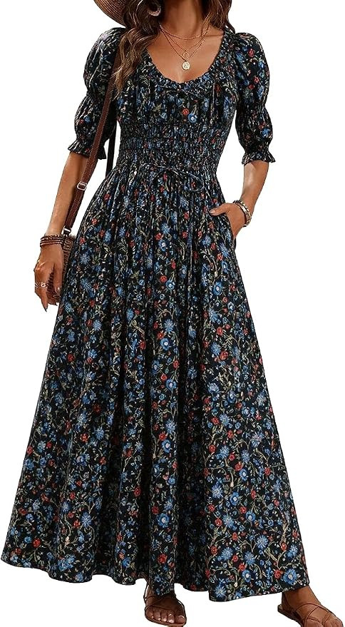 Women's Boho Floral Puff Sleeve Maxi Dress with Pockets | Amazon (US)