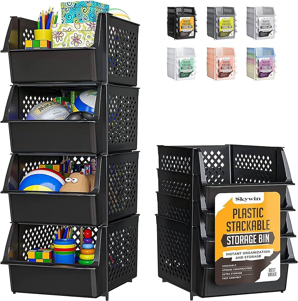 Skywin Plastic Stackable Storage Bins for Pantry - 4-Pack Black Stackable Bins For Organizing Foo... | Amazon (US)