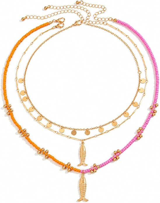 Boho Layered Beaded Necklace for Women, Summer Beach Braided Rope Charm Jewelry | Amazon (US)