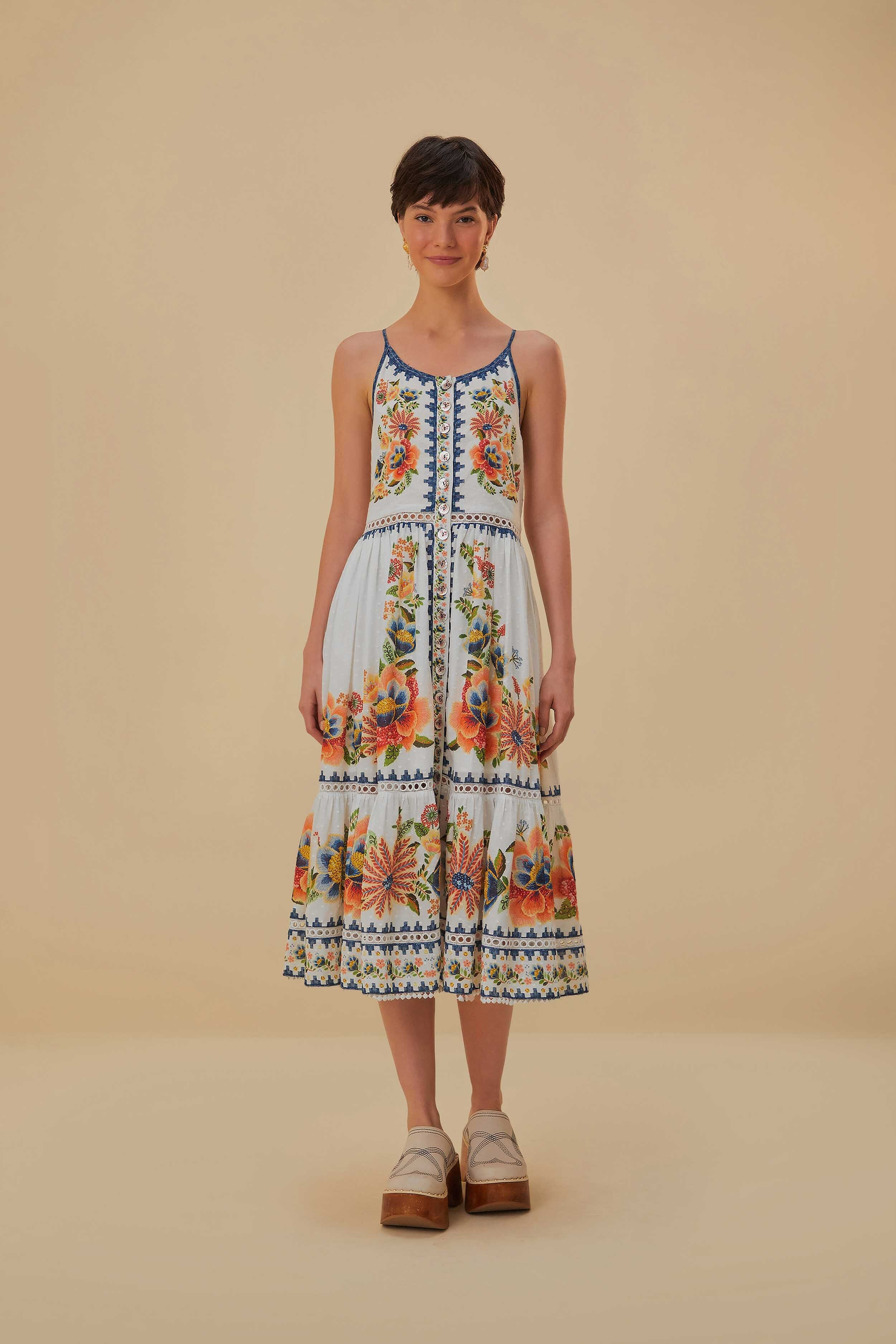 Off-White Delicate Garden Midi Dress | FarmRio (US)