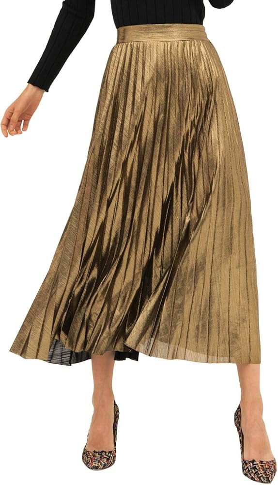 CHARTOU Women's Stretchy High Waist Metallic Pleated Accordion Long Swing Party Skirt | Amazon (US)