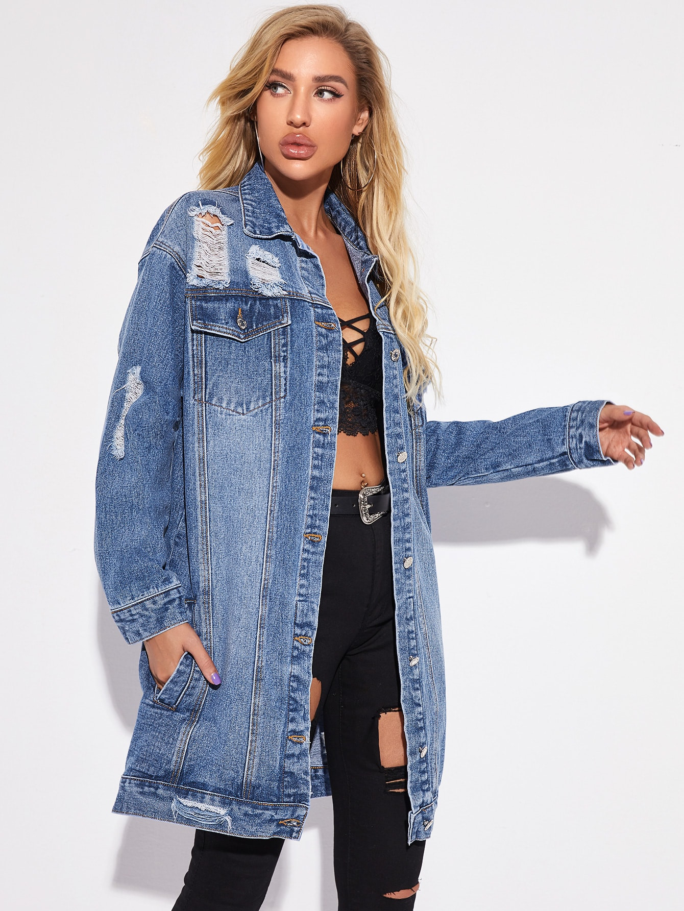 Ripped Button Up Longline Denim Coat | SHEIN