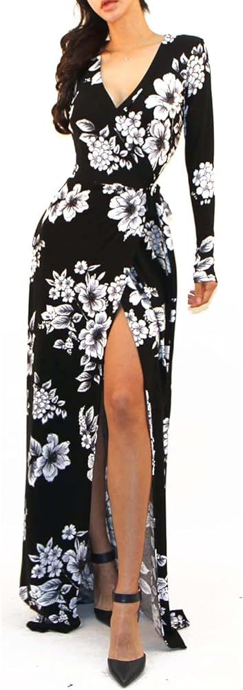 Vivicastle Women's Sexy Long Sleeve Tulip Wrap Slit Front Full Long Maxi Dress | Amazon (US)